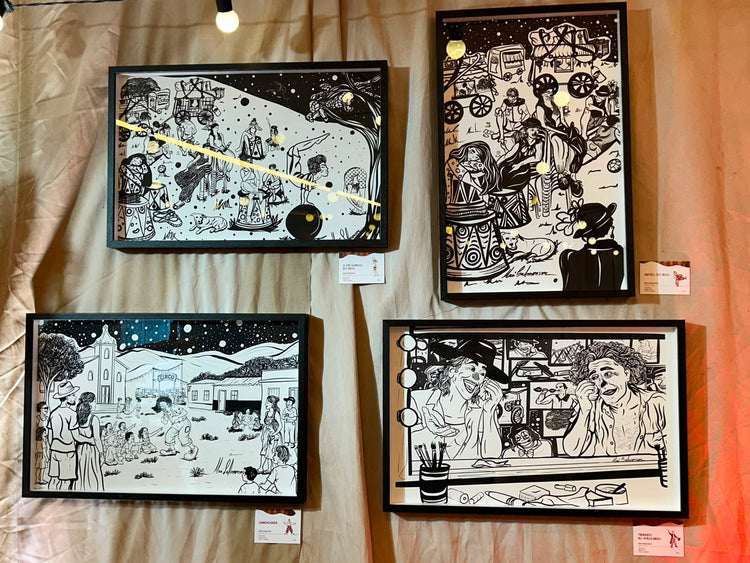 Framed artworks by Mari Salmonson on exhibition